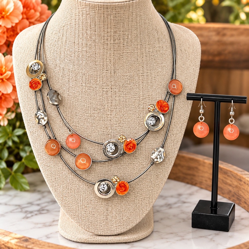 Layered Orange Silver Crystal Necklace and Earring Set Modern Jewelry